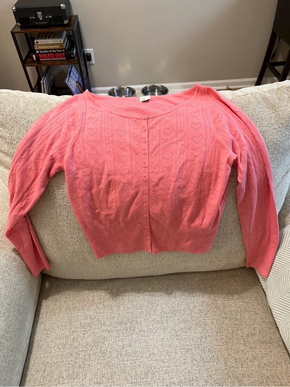 A New Day Pink knit cardigan with heart-shaped cutouts, size M